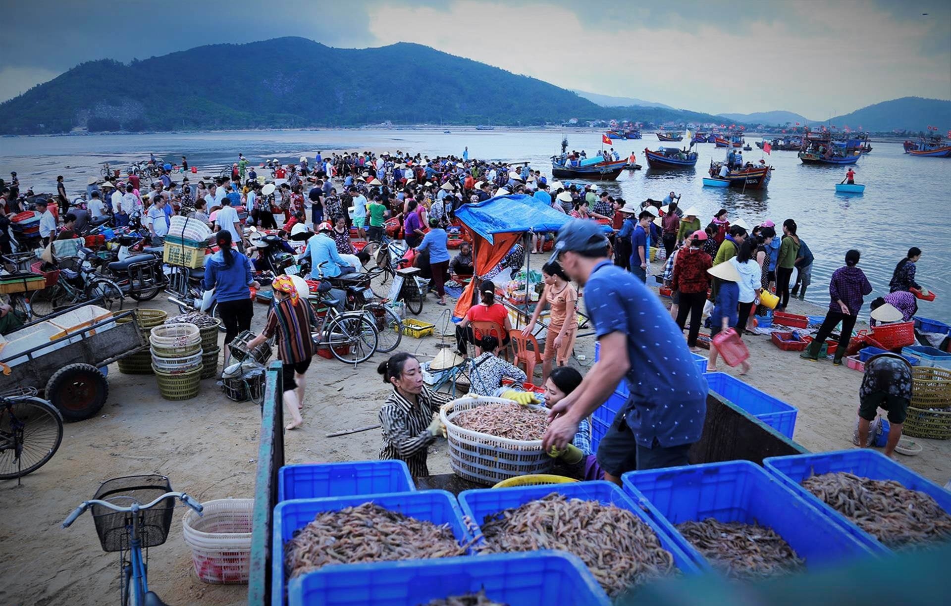 chợ hải sản hồ tràm vũng tàu vào lúc sáng sớm, nhiều người qua lại buôn bán tấp nập 