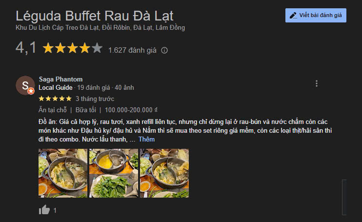 Những đánh giá về buffet lẩu rau ở Đà Lạt tại Leguda trên Google