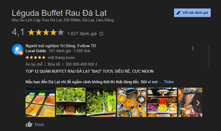 Những đánh giá về buffet lẩu rau ở Đà Lạt tại Leguda trên Google